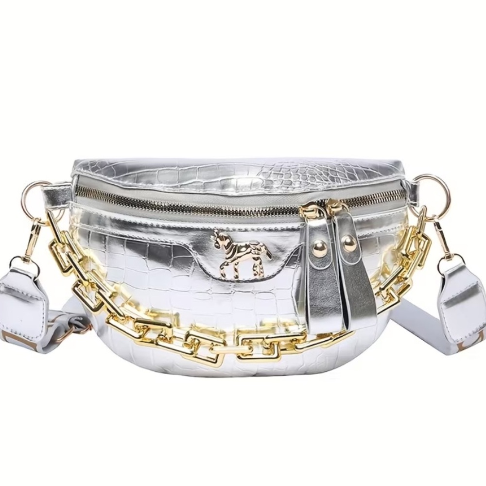 Silver Croc-Embossed Belt Bag Or Crossbody w/ Gold Chain Patent Faux Leather NWT